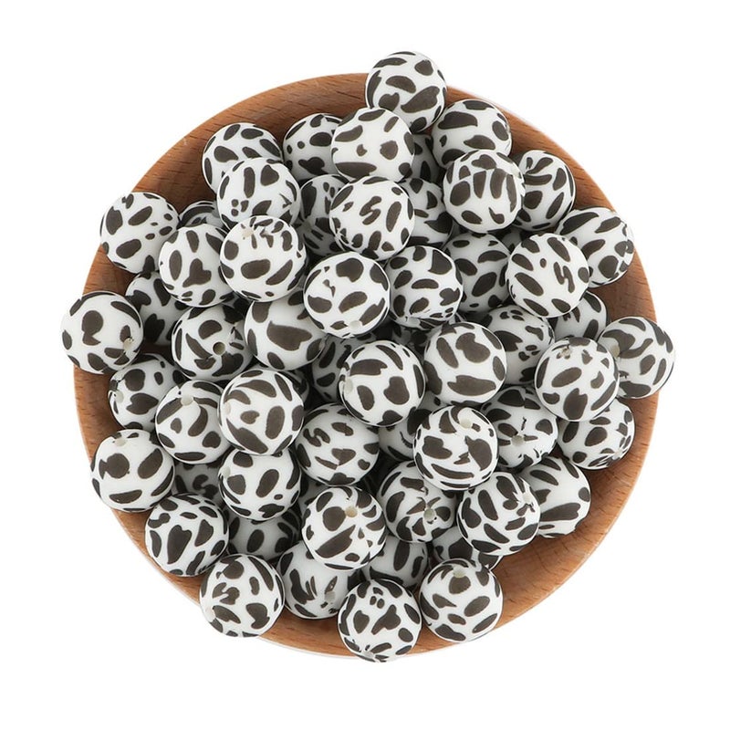 Decoendiy 50Pcs Silicone Printed Beads 15mm  Leopard Cow Animal Print Beads  Flower Leaves Plaid Beads  Loose Round Silicone Spacer Beads  for Adults DIY Crafts Supplies (#7) - Image 1